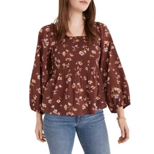 NWT!! Madewell - Lucie Smocked Square Neck Cotton Peplum Blouse in Dark Merlot